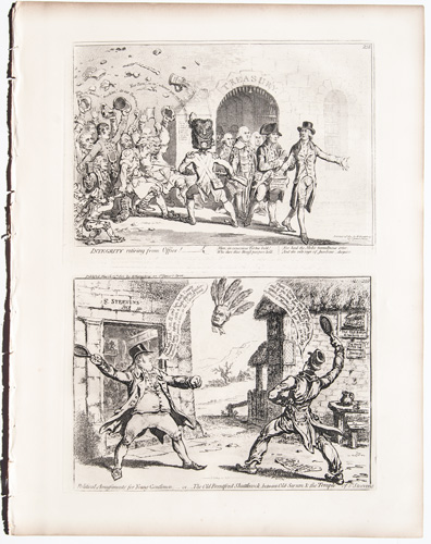 original Gillray prints: Integrity Retiring From Office!



Political Amusements for Young Gentlemen; or, The Old Brentford Shuttlecock between Old Sarum and The Temple of St. Stephen
